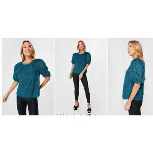 Tuckernuck Hyacinth House Teal Textured Hope Eyelash Fringe Blouse Top Medium